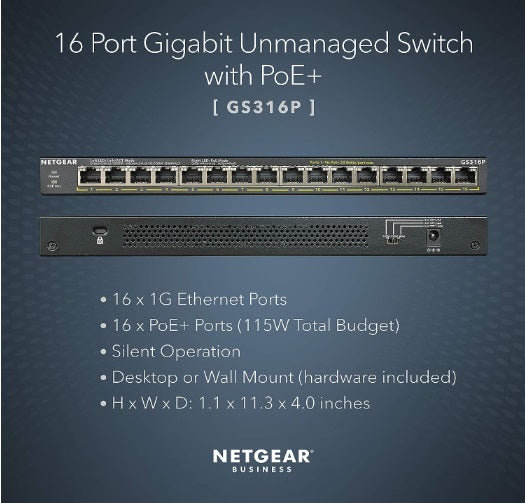 NETGEAR 16-Port Gigabit Ethernet Unmanaged PoE+ Switch