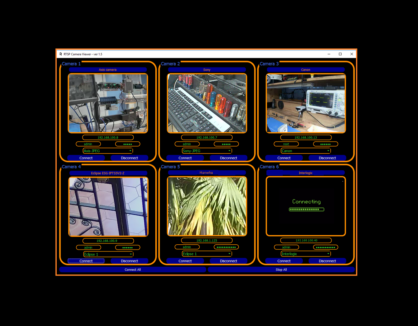 Building Security System camera desktop application, to view RTSP video streams from IP security cameras